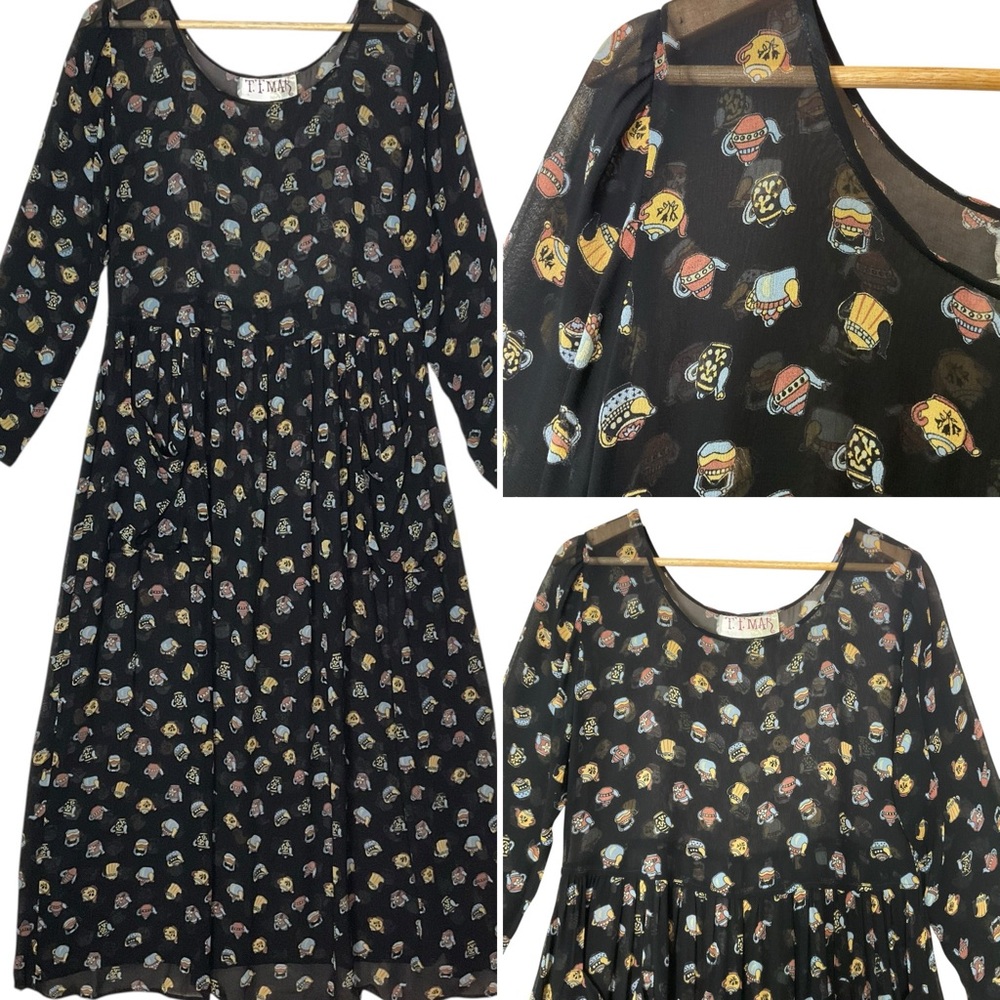 VINTAGE One Size Sheer Teapot Dress Maxi Long Sleeves Scoop Neck Black Blue +
